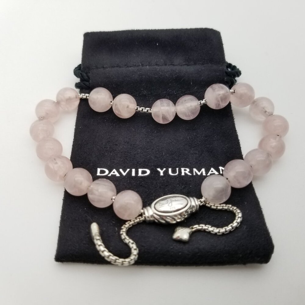 David Yurman Sterling Silver 8mm Rose Quartz Spiritual Bead Beaded Pull Bracelet
